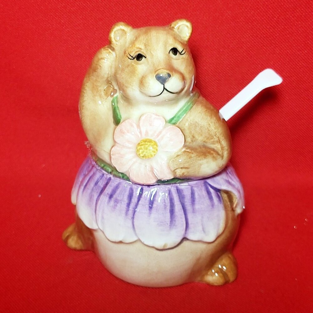 Vintage Otagiri Japan Honey Bear Condiment Bowl Serving Spoon Hand Painted